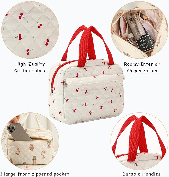 Large Size Quilted Coquette Makeup Bag, Cute Preppy Floral Cotton Travel Cosmetic Organizer Bag with Top Handle, Multi-Layer Travel Toiletry Pouch for Girls(02Cherry)