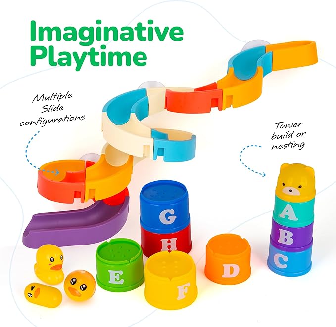 ArtCreativity 29 PCS Duck Bathtub Slide Toys, Toddler Bath Tub Water Toy Set with Bonus Stacking Cups, Lights & Sounds - Fun Birthday Gift for Boys & Girls, Kids Shower Toy and Pool Accessories