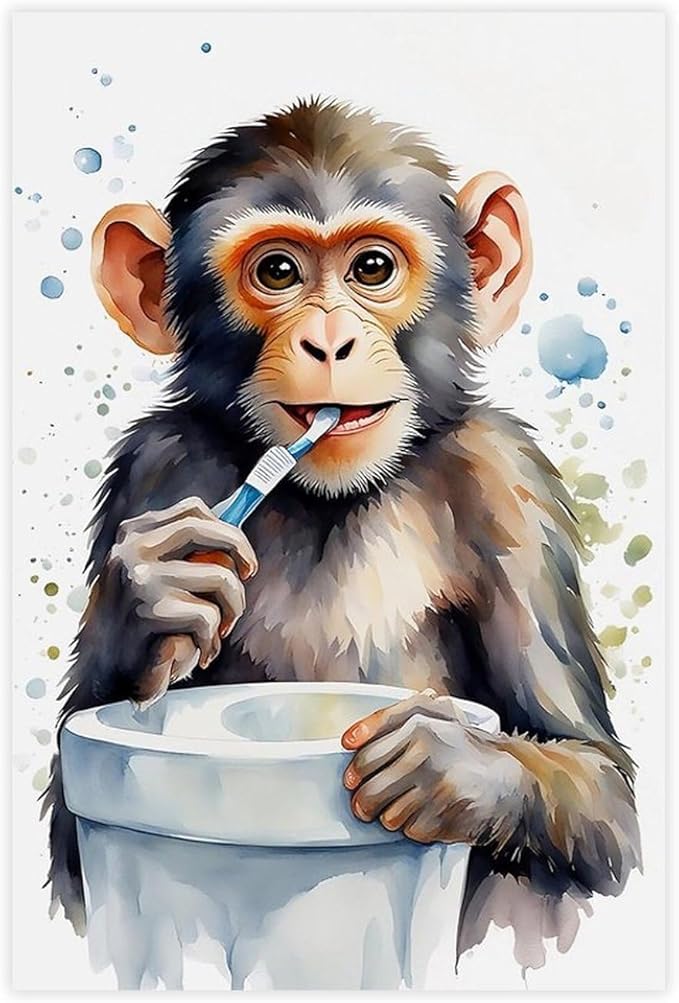 KIPNG Cheerful Monkey Hygiene_ Work of A Playful Dental Routine Poster Canvas Poster Bedroom Sports Landscape Office Room Gift Unframe-style20x30inch(50x75cm)