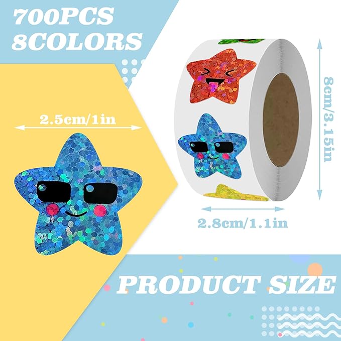 700Pcs Smiley Face Star Stickers for Kids Reward, 1inch 8 Colored Sparkly Foil Expression Stickers for Student Planner and School Classroom Teacher Supplies 3.15inch in Diameter per roll