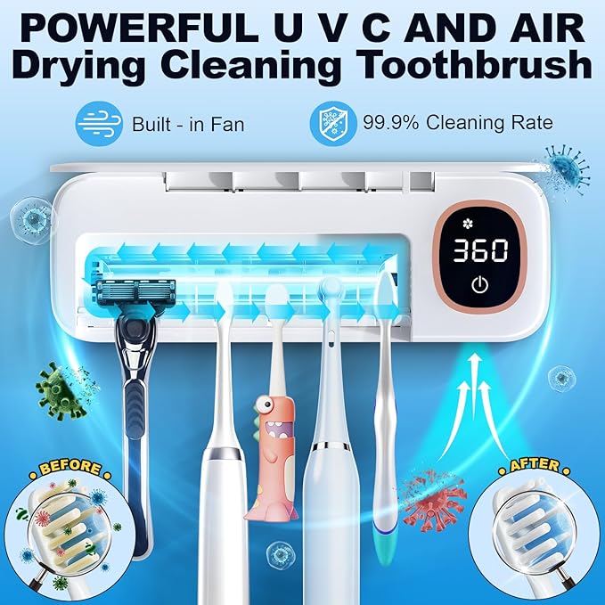 Toothbrush Sanitizer and Holder, DRMXBU Toothbrush Holders for Bathrooms with Light Clean Air Dry, Rechargeable Toothbrush Holders Wall Mounted with 5 Slots, Timer Function Tooth Brush Cleaner Case