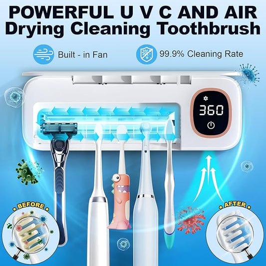Toothbrush Sanitizer and Holder, DRMXBU Toothbrush Holders for Bathrooms with Light Clean Air Dry, Rechargeable Toothbrush Holders Wall Mounted with 5 Slots, Timer Function Tooth Brush Cleaner Case