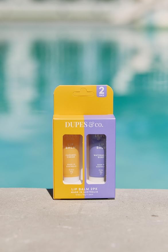 Dupes & CO. Lip Balm 2-Pack – Caramel Cream & Watermelon Burst, Hydrating Fruity Lip Moisturizer, Vegan & Cruelty-Free, Soft Smooth Nourishing Lips, Australian Made, 2 x 0.4 oz