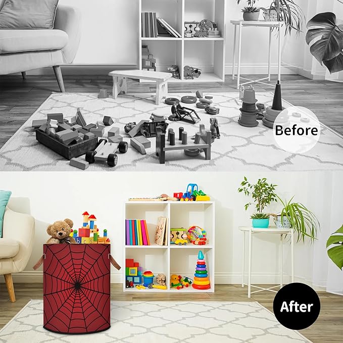 62L Laundry Basket Collapsible Laundry Hamper with Handles Spiders Web Clothes Books Toys Kids Laundry Hampers Bin for Bathroom Kitchen Hotel