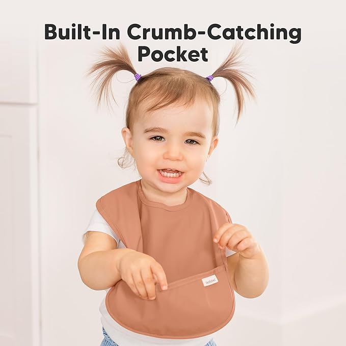 3-Pack Waterproof Baby Bibs for Eating - Lightweight Toddler Feeding Bibs with Large Food Catcher, Mess Proof, Food-Grade Baby Eating Essentials, Easy to Put On & Clean (Fawn)