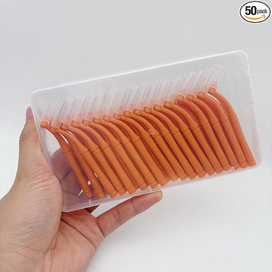 50 Pcs Interproximal Brush, Gum Interdental Brushes, L Angle Reusable Dental Cleaners Brushes,Disposable Oral Dental Hygiene Brush,Dental Toothpick Floss for Braces,Tooth Cleaning Tool (Yellow)