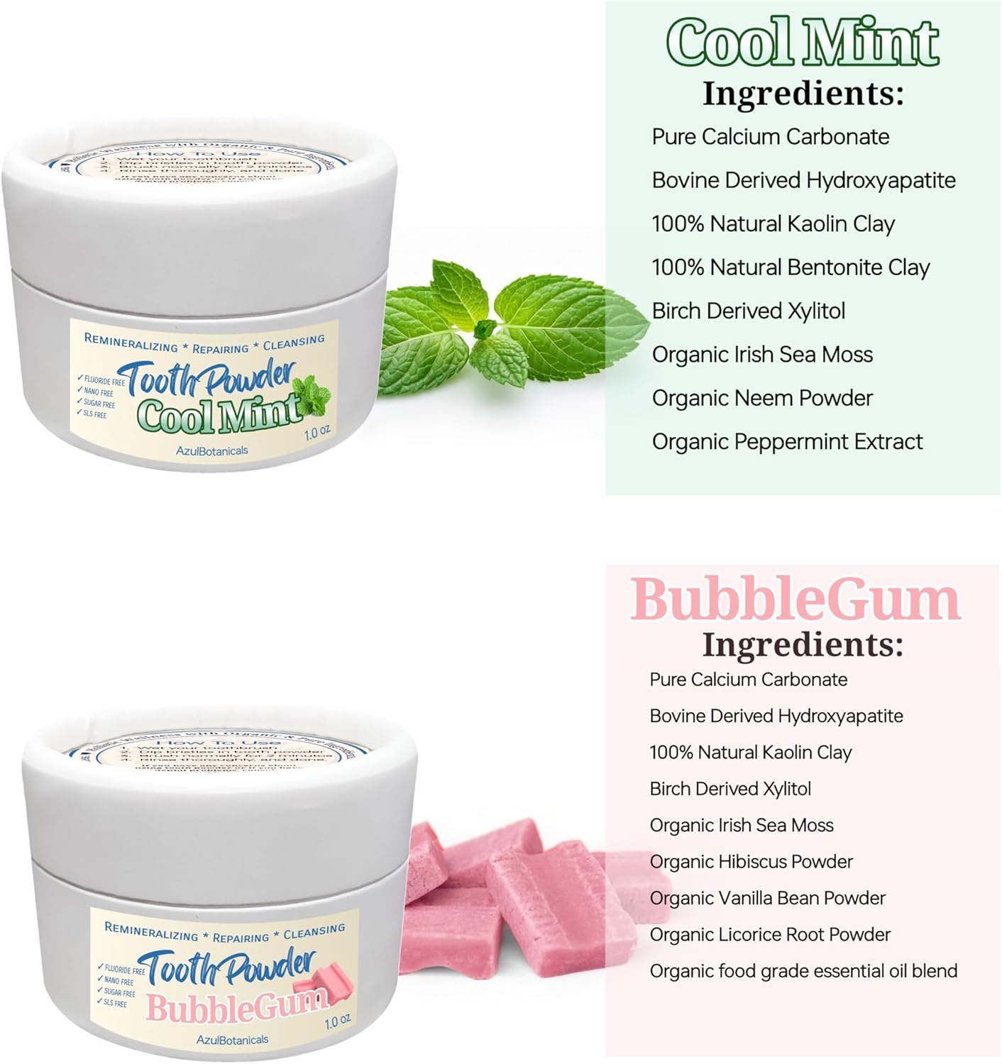 Remineralizing & Cleansing Tooth Powder, Cool Mint. Fluoride Free, SLS Free, Nano Free for Organic Oral Wellness (1 Ounce (Pack of 2), Mint & Bubblegum)