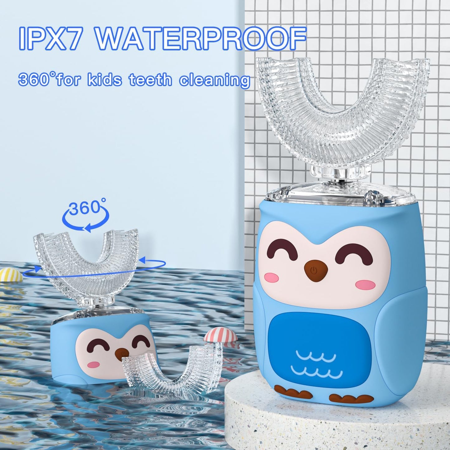 Kids Electric U Shaped Toothbrush Kids Sonic Toothbrush with 4 Soft Brush Head Automatic Full Mouth 6 Cleaning Mode-(Age2-7 Blue)