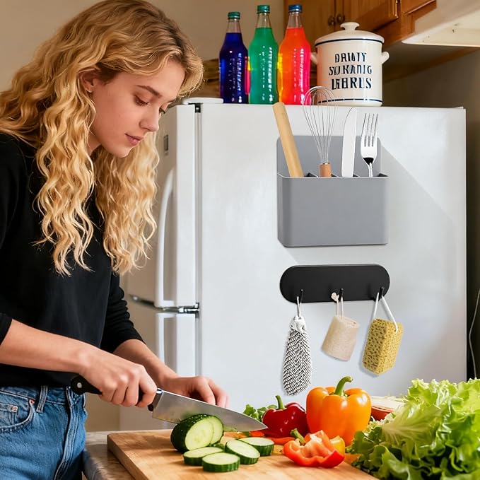 Magnetic Toothbrush Holder with Hook Rack for Cruise Ships, Grey Wall Mounted Detachable Grid Toothbrush Organizer with Magnetic Hooks, Cruise Bathroom Essentials Travel Accessories