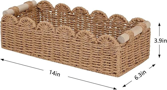 CubesLand Scalloped Decor Basket for Living Room, Home, Bathroom, 2SAME SIZE Paper Rope Basket, Toilet Storage Baskets for Over Toilet Storage Shelf, Cute Woven Basket Both Storage&Decor, Neutral