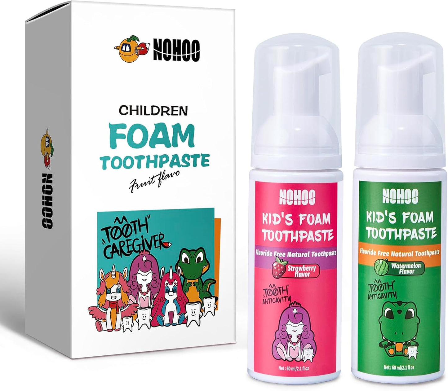 NOHOO Fluoride Free Foam Toothpaste Kids Fruit Flavour,Natural Training Toothpaste for Baby Toddler Children Oral Cleaning and Cavity Protection(Strawberry + Watermelon)