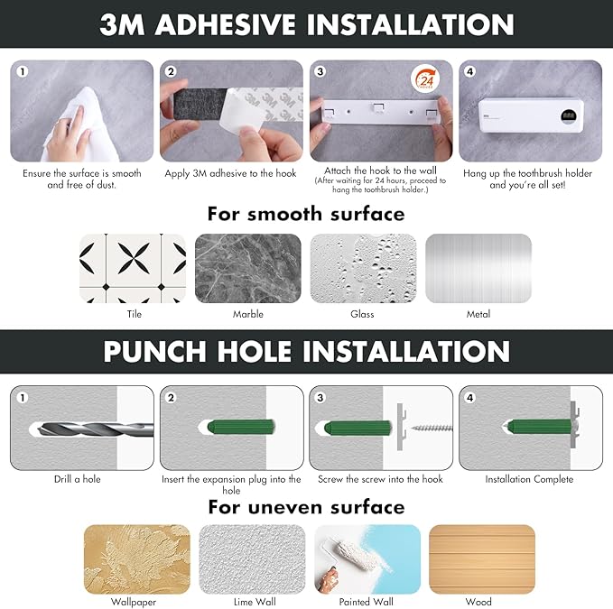 Sanitizeri Toothbrush Holder, Sanitizeri Toothbrush Cleaner, 2000mAh Rechargeable Cordless Wall Mounted Holders for Bathroom, 4 Slots & Timer Function, White