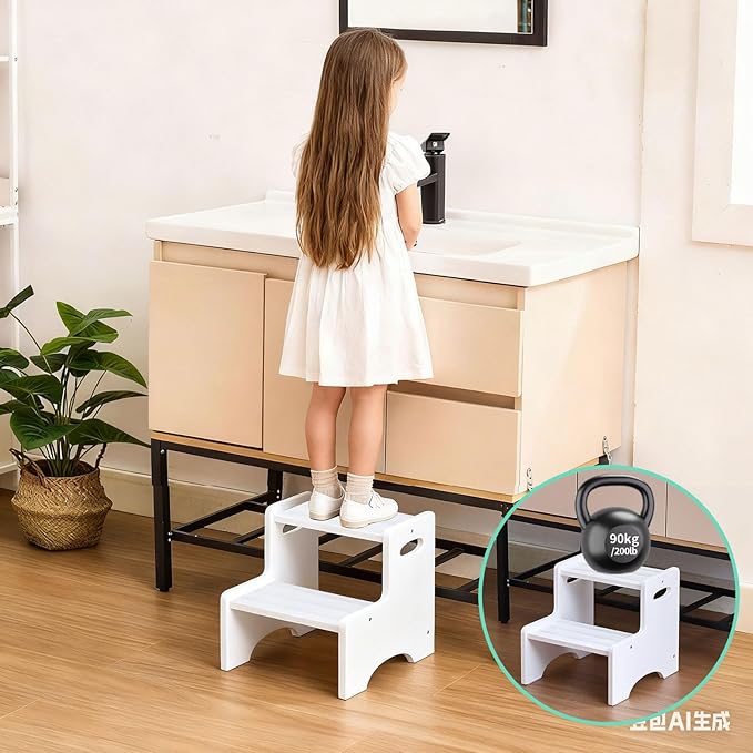Wooden Toddler Step Stool for Kids, Two Step Stool with Non-Slip Pads & Handles, Potty Training Stool for Bathroom Sink, Toilet, Kitchen, Bedroom (White)