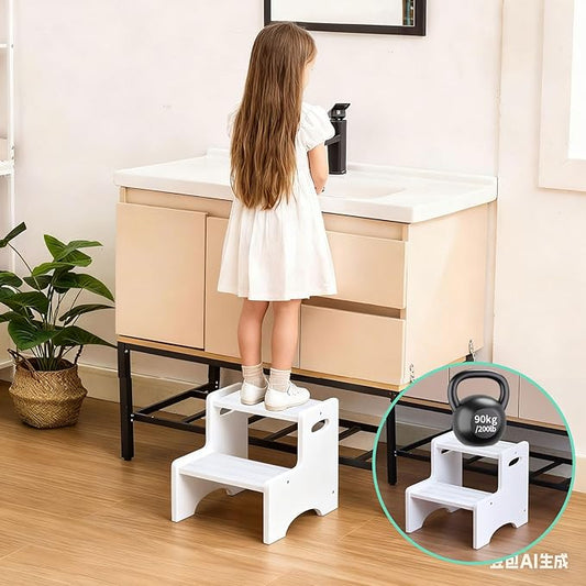 Wooden Toddler Step Stool for Kids, Two Step Stool with Non-Slip Pads & Handles, Potty Training Stool for Bathroom Sink, Toilet, Kitchen, Bedroom (White)