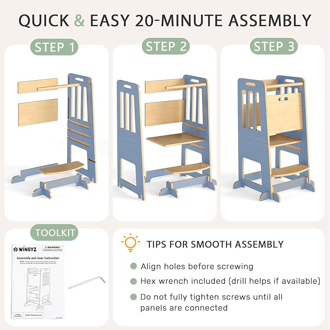 WINGYZ Toddler Kitchen Stool – Adjustable Helper Tower for Kids with Safety Rail, Wooden Standing Step-Up Stool, Sliding Door & Stable Base, Light Blue