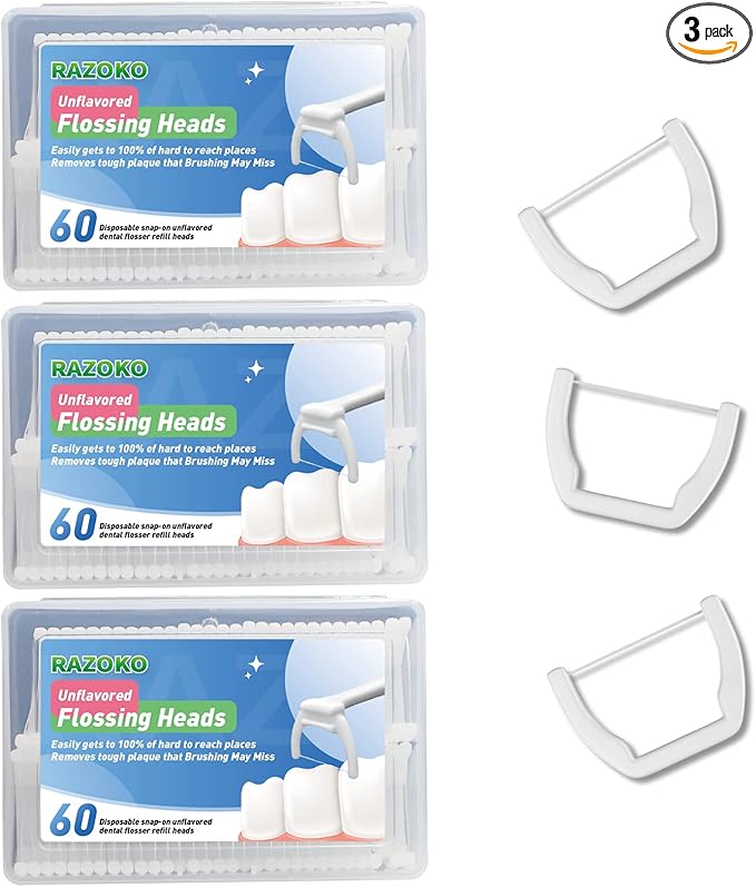 RAZOKO Disposable Snap-On Flosser Refill Heads 180 Count Fits for RAZOKO Dental Floss Handle