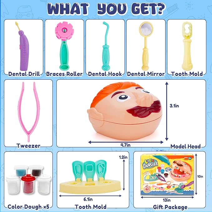Dentist Color Dough Set, Dental Tools Kit Drill and Fill, Doctor DIY Playset Toys for Kids Toddlers 3 Years and Up, Art & Craft Gift with Moulds, Models, 5 Non-Toxic Color
