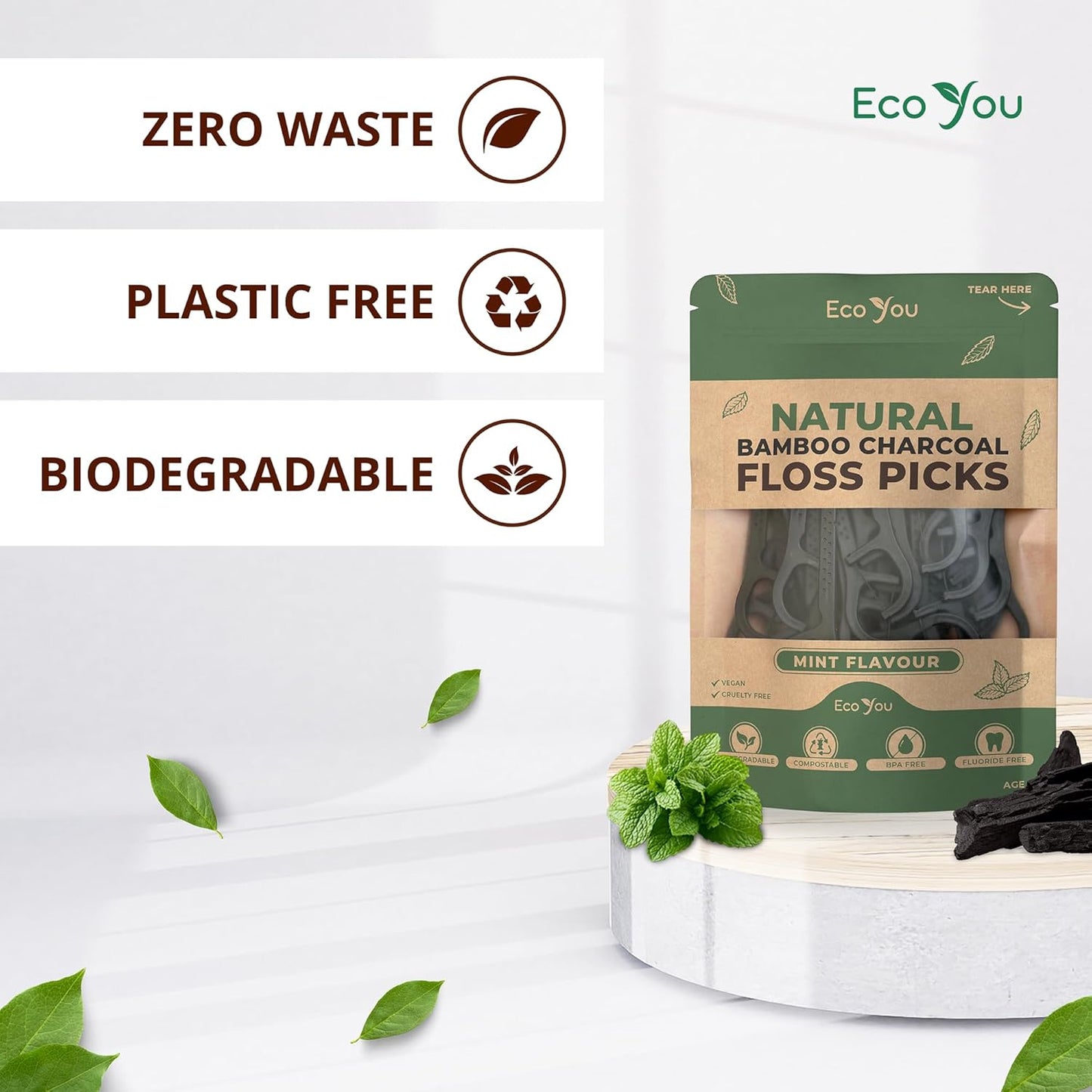 Biodegradable Floss Picks | 200 Count (4 Pack) | Mint Flavor, Candililla Wax | Sustainable & Reusable | Vegan & Cruelty-Free | Bamboo Floss Picks, Bamboo Toothpicks