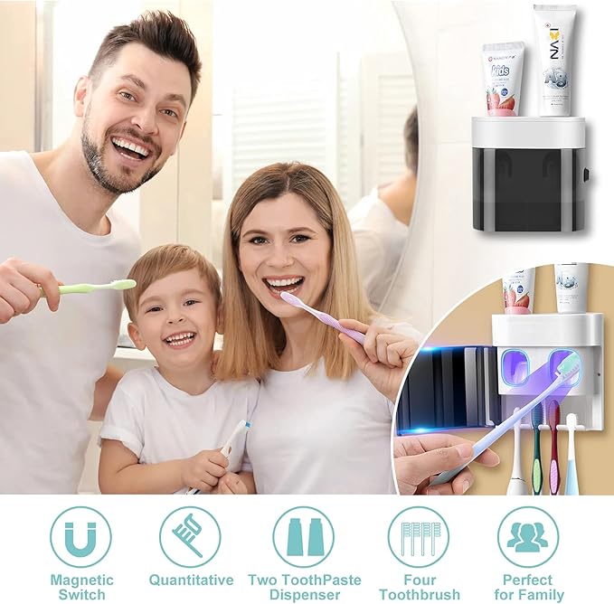 Toothbrush Holder Toothpaste Dispenser Wall Mounted with Cover, 4 Slots Tooth Brush Storage Organizer with Automatic Kids Toothpaste Squeezers for Shower Bathroom Black
