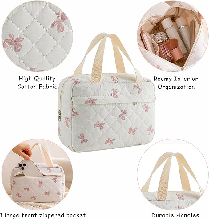 Large Size Quilted Coquette Makeup Bag, Cute Preppy Floral Cotton Travel Cosmetic Organizer Bag with Top Handle, Multi-Layer Travel Toiletry Pouch for Girls (07White Pink Bow)