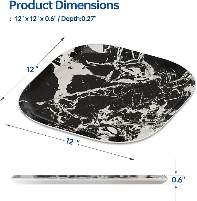 Vanity Decorative Tray, 12" x 12" Black Marble Pattern Perfume Tray, Bathroom Tray Countertop Organizer for Soap Towel, Jewelry, Candle