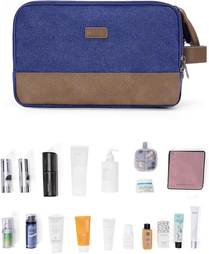 WANDF Toiletry Bag for Men Travel Toiletry Organizer Canvas and Leather Dopp Kit Water-Resistant Shaving Bag for Travel Accessories (Blue, Medium)