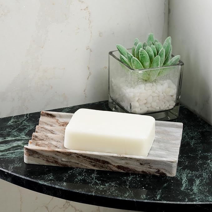 Soap Holder, Marble Soap Dish for Shower, Bar Soaps Holder with Water Ripple Design, Easy Cleaning Soaps Saver for Kitchen Sink，Bathroom, Executive Indian Natural Stone Soap Tray