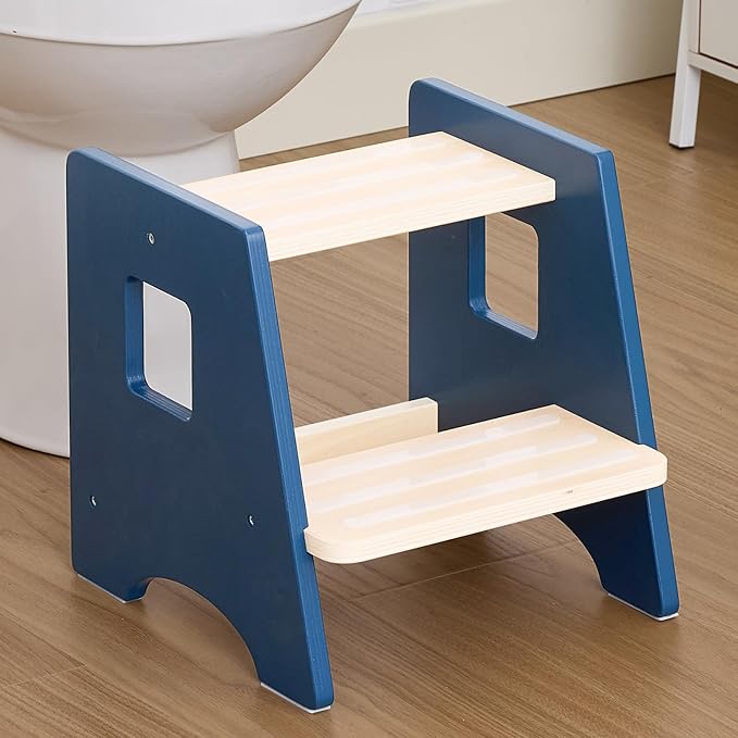 WOOD CITY Toddler Step Stool-Wooden 2 Step Stools for Bathroom Sink Potty Training Kitchen Stool Helper for Kids Bonus Non-Slip Pads and Handles for Safety Blue