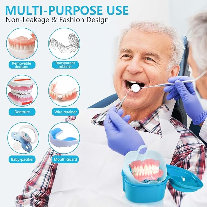 2 Pack Colors Denture Bath Case Cup Box Holder Storage Soak Container with Strainer Basket for Travel Cleaning (White and Light Blue)