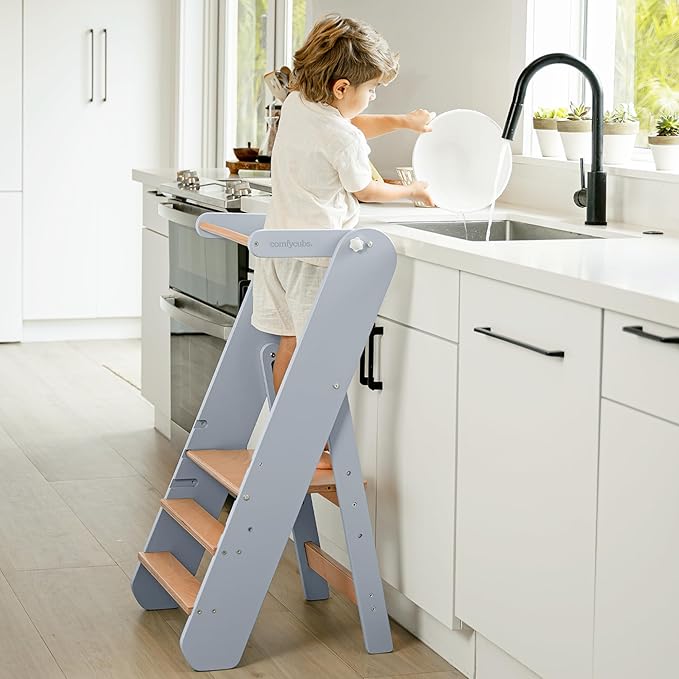 Comfy Cubs Kids Step Stool for Ages 3+, 3 Height Adjustable Toddler Tower, Montessori Furniture Designed in The US - Toddler Standing Tower for Kitchen Sink & Bathroom Access - Pacific Blue