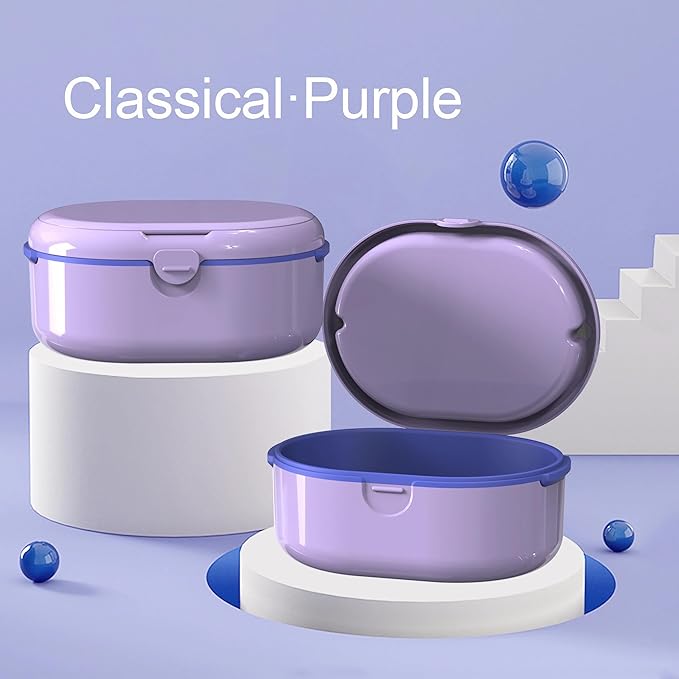MURRI&MURRDI Retainer Case, Denture Bath Box with Strainer Basket, Mouth Guard Case Purple Braces Cleaner Cup, Cute Denture Holder Retainer Storage Soak Container for Travel (D Purple)