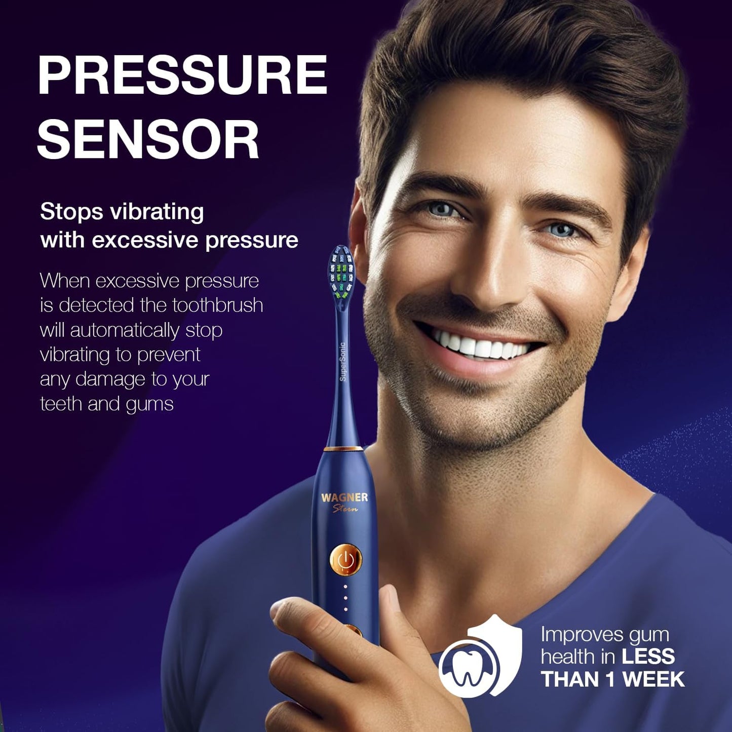 Wagner Stern WHITEN+ Edition. Whitening Electric Toothbrush with Pressure Sensor. Offers 5 Brushing Modes, 3 intensities, 8 Soft Brush Heads, and a Luxury Travel case. (Royal Blue)