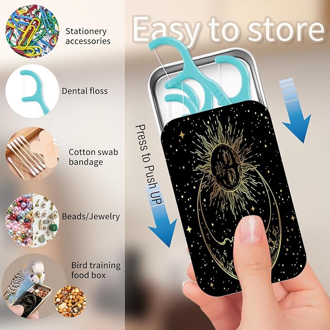 Portable Dental Floss Case, Refillable Cute Travel Floss Dispenser for Men & Women, Pocket Travel Floss Picks Case for Purse, Backpack, Bag Tarot Moon and Sun