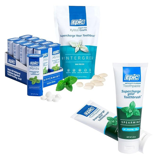 Epic Dental Sugar Free Oral Care Set – 500-Piece Wintergreen Gum, 550 Peppermint Mints, 2 Tubes Spearmint Fluoride Toothpaste – Aspartame Free, Dentist Approved, Helps with Dry Mouth & Cavity Care