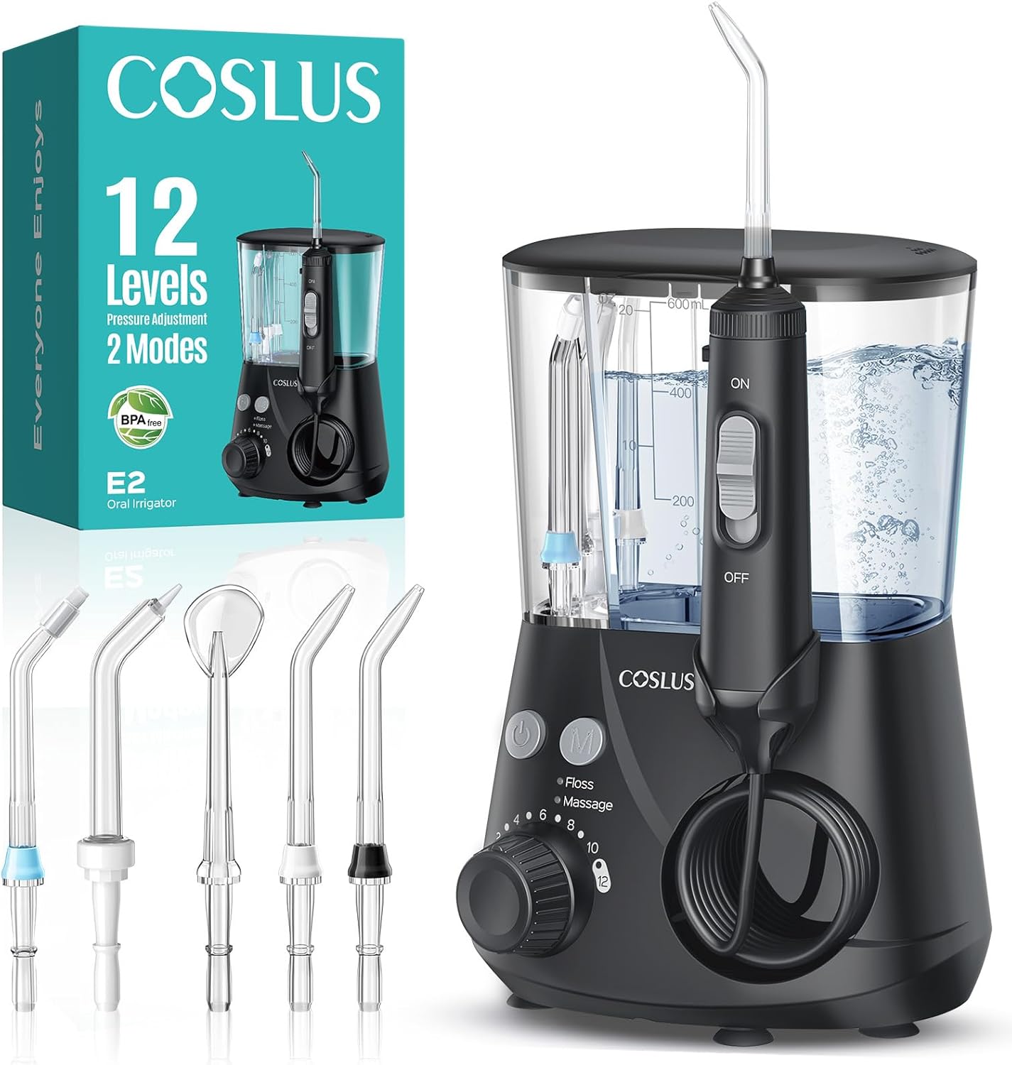 COSLUS Advanced Water Flosser for Teeth: 2 Modes & 12 Pressure Settings Electric Dental Pick for Orthodontic, Braces, Sensitive Gums - Home Use, 5 Jet Tips for Multiple Users, Family, Black, E2