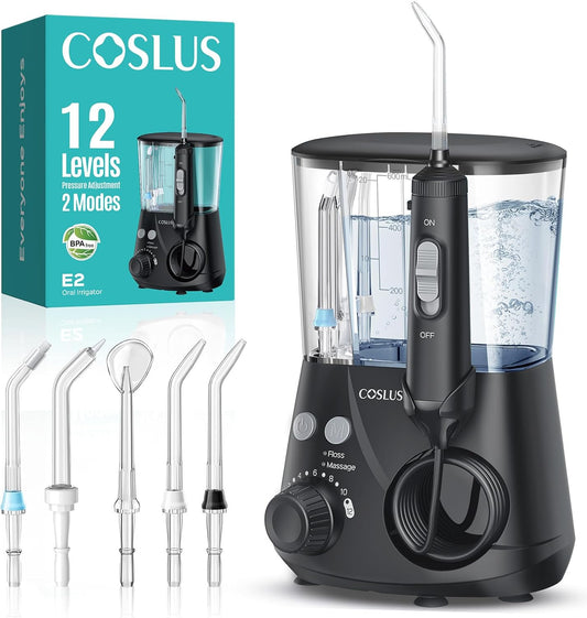 COSLUS Advanced Water Flosser for Teeth: 2 Modes & 12 Pressure Settings Electric Dental Pick for Orthodontic, Braces, Sensitive Gums - Home Use, 5 Jet Tips for Multiple Users, Family, Black, E2
