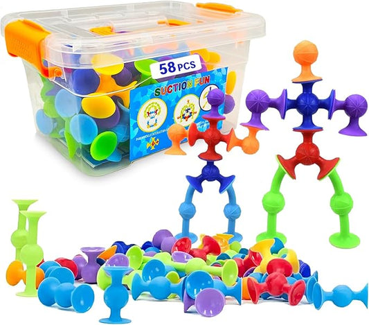 58 Piece Suction Fun Sticky Toy Set with Storage Bin, BPA Free Silicone, Stimulating Sensory Travel Bathtub Window Toys for Kids Boys Girls, Medium