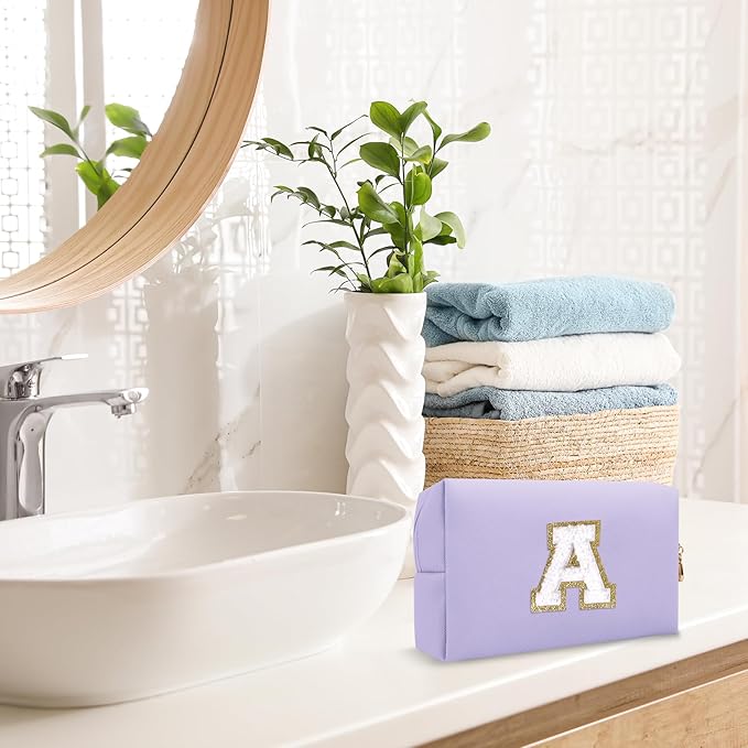 Personalized Makeup Bag Initial A-Z Preppy Patch Bag,Small PU Leather Travel Cosmetic Bag Pouch with Zipper,Purple Cute Toiletry Bag,Gift Ideal for Teen Girls Women Birthday Friend Mom,Latter A