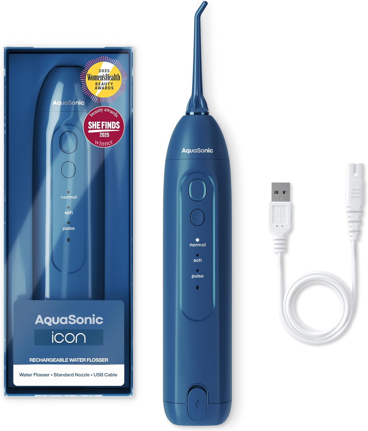 AquaSonic Icon Water Flosser for Teeth – Cordless Rechargeable Oral Irrigator – Waterproof, Portable Dental Cleaning with Jet Tip – Braces Home Travel - Navy