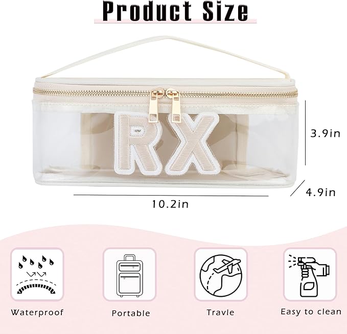 Clear Waterproof MEDS RX Makeup Bag，Transparent PVC Letter Patch medication travel case with Handle and Zipper, Portable Meds First Aid Travel Organizer Cosmetic Bag(04 Beige RX)