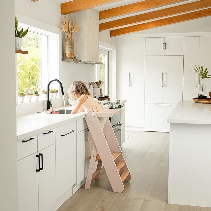 Comfy Cubs Kids Step Stool for Ages 3+, 3 Height Adjustable Toddler Tower, Montessori Furniture Designed in The US - Toddler Standing Tower for Kitchen Sink & Bathroom Access - Blush