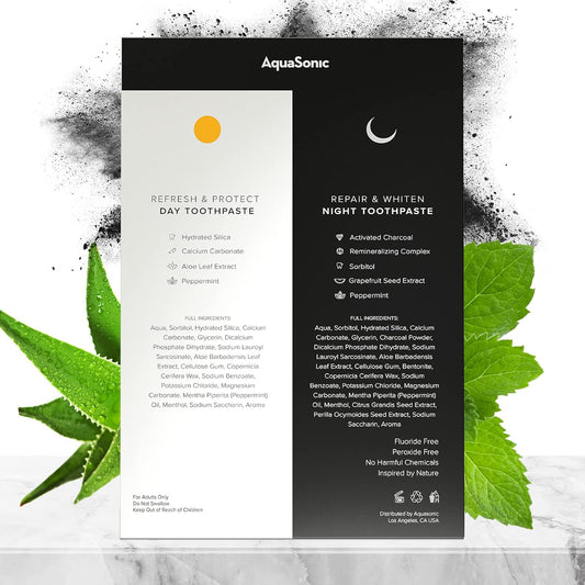 AquaSonic Complete Care Toothpaste - Refresh & Protect Day, Repair & Whiten Night - Fluoride Free Natural, Anti-cavity, Anti-plaque, Reharden, Strengthen, Whiten, Detoxify