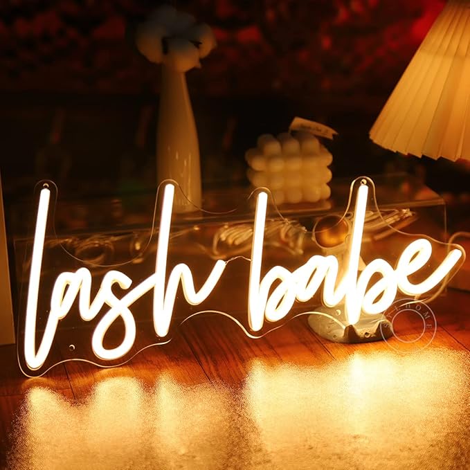 SYLHOME Lash Babe Neon Light Sign Lashes Beauty Salon Gorgeous Lady Girls Bedroom Wall Decor Sign Eyelash for Party Birthday Decoration USB 5V 15.8"X6.5" Warm White