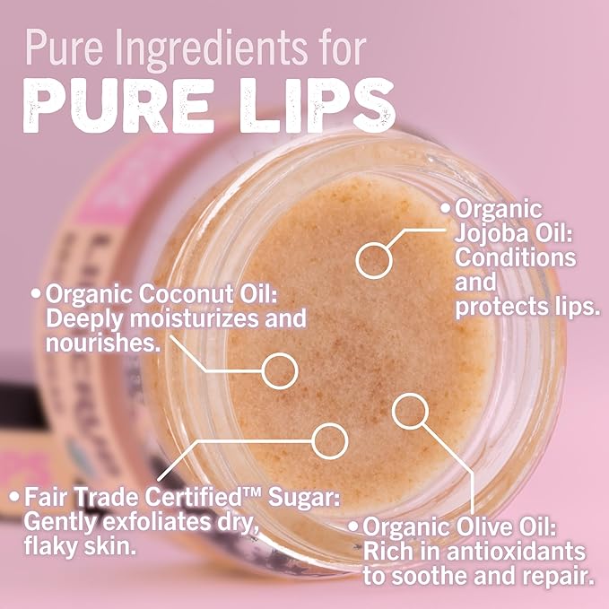 Eco Lips LIP SUGAR SCRUB 4 Pack (4-0.25oz jars) 100% Organic Lip Care Treatment with Organic Sugar & Coconut Oil - Gently Exfoliate & Polish Dry, Flaky Lips (Variety 4-Pack)