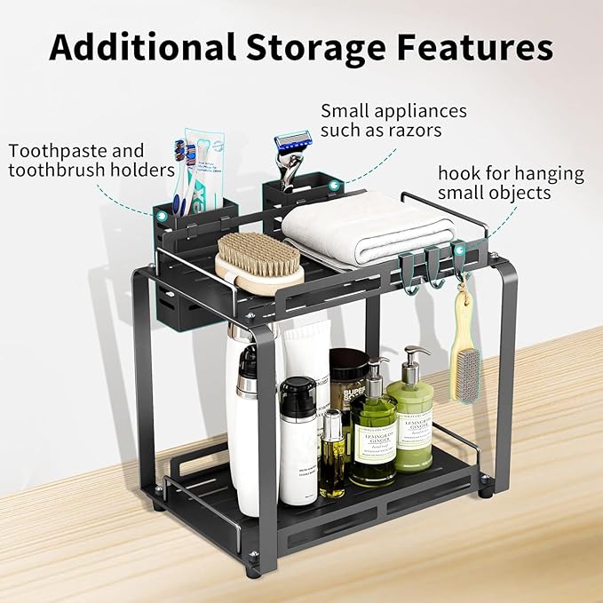 junyuan Large Bathroom Organizer Countertop,2 Tiered Organizer Shelves with Toothbrush Holders,Bathroom Counter Storage Rack with Basket and Hooks Metal Black