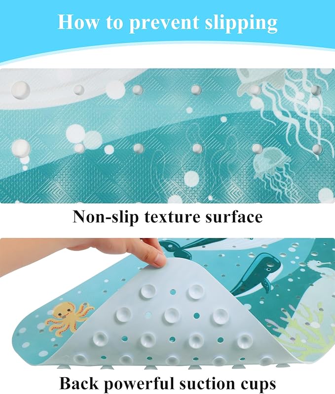 Bath Mat for Tub Non Slip, Machine Washable Anti-Slip Cartoon Baby Bathtub Shower Mat with Drain Holes and Suction Cups for Toddler & Kids, 40 Inch x 16 Inch, Whales