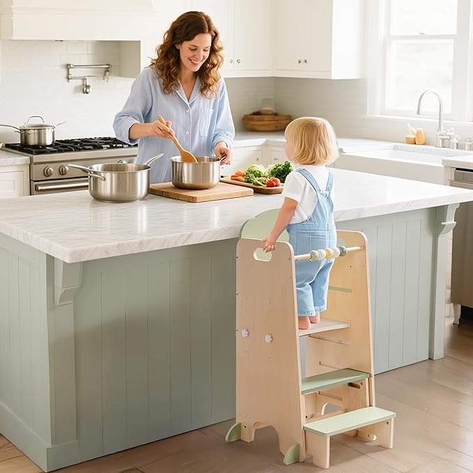 ROBUD Toddler Tower Adjustable Kitchen Stool Helper with Chalkboard, Hooks and Anti-Tip Design, Movable Kids Step Stool with Cute Safety Rail, Montessori Activity, Morandi Green