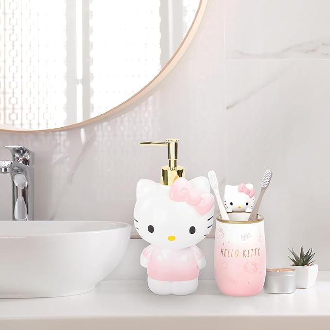 Jay Franco Hello Kitty Organizer Set - 4 Piece Pink Accessories Includes Resin Tumbler, Soap Dispenser, Soap Dish and Toothbrush Holder - Bathroom Décor