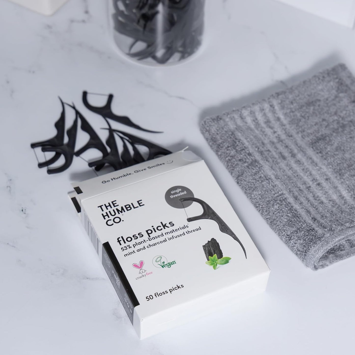 The Humble Co. Floss Picks (200 Count) – Plant Based Dental Floss Picks for Superior Oral Care, Dental Hygiene, and Gum Health, Cruelty Free Tooth Floss Picks (Charcoal, Single Thread)