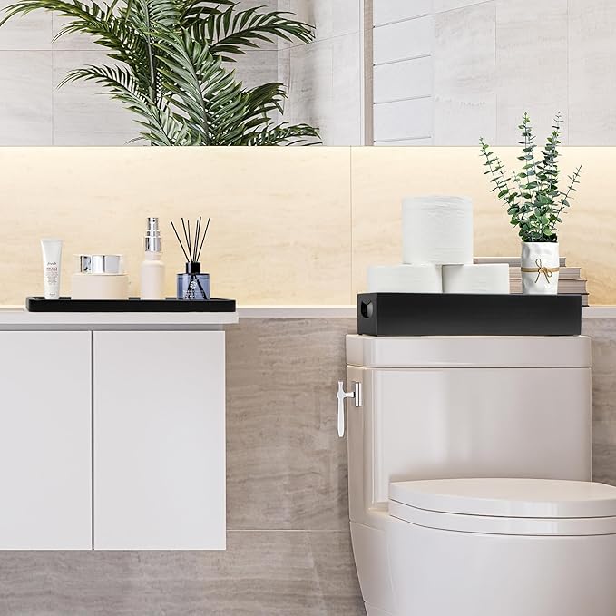 LotFancy Bathroom Decor Box and Vanity Tray, Set of 2, Wooden Toilet Tank Basket Topper, Bathroom Tray for Counter, Black Farmhouse Bathroom Decor